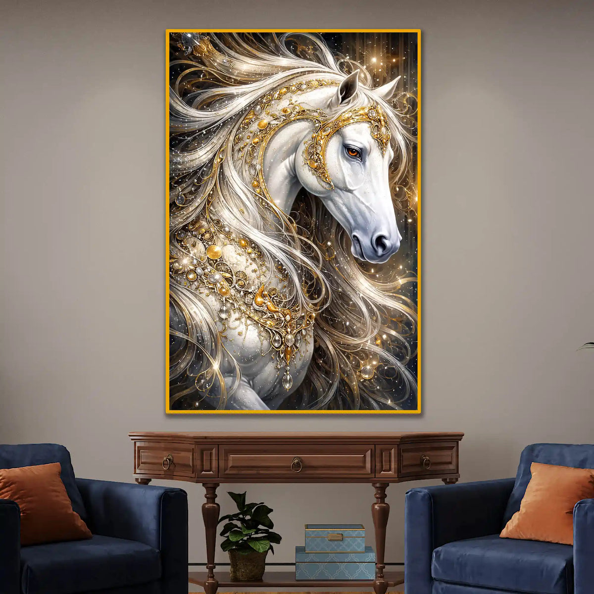 Golden White Stallion Floating Frame Crystal Wall Painting