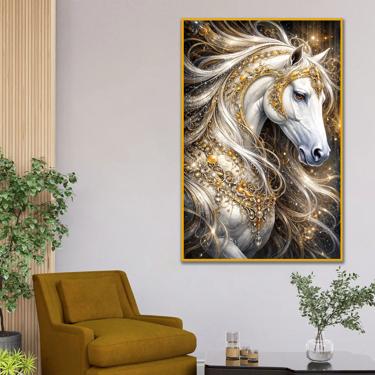 Golden White Stallion Floating Frame Crystal Wall Painting