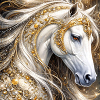 Golden White Stallion Floating Frame Crystal Wall Painting