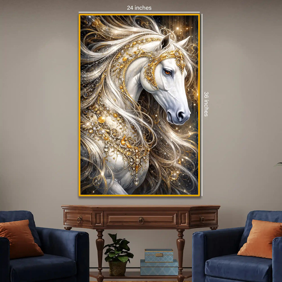 Golden White Stallion Floating Frame Crystal Wall Painting