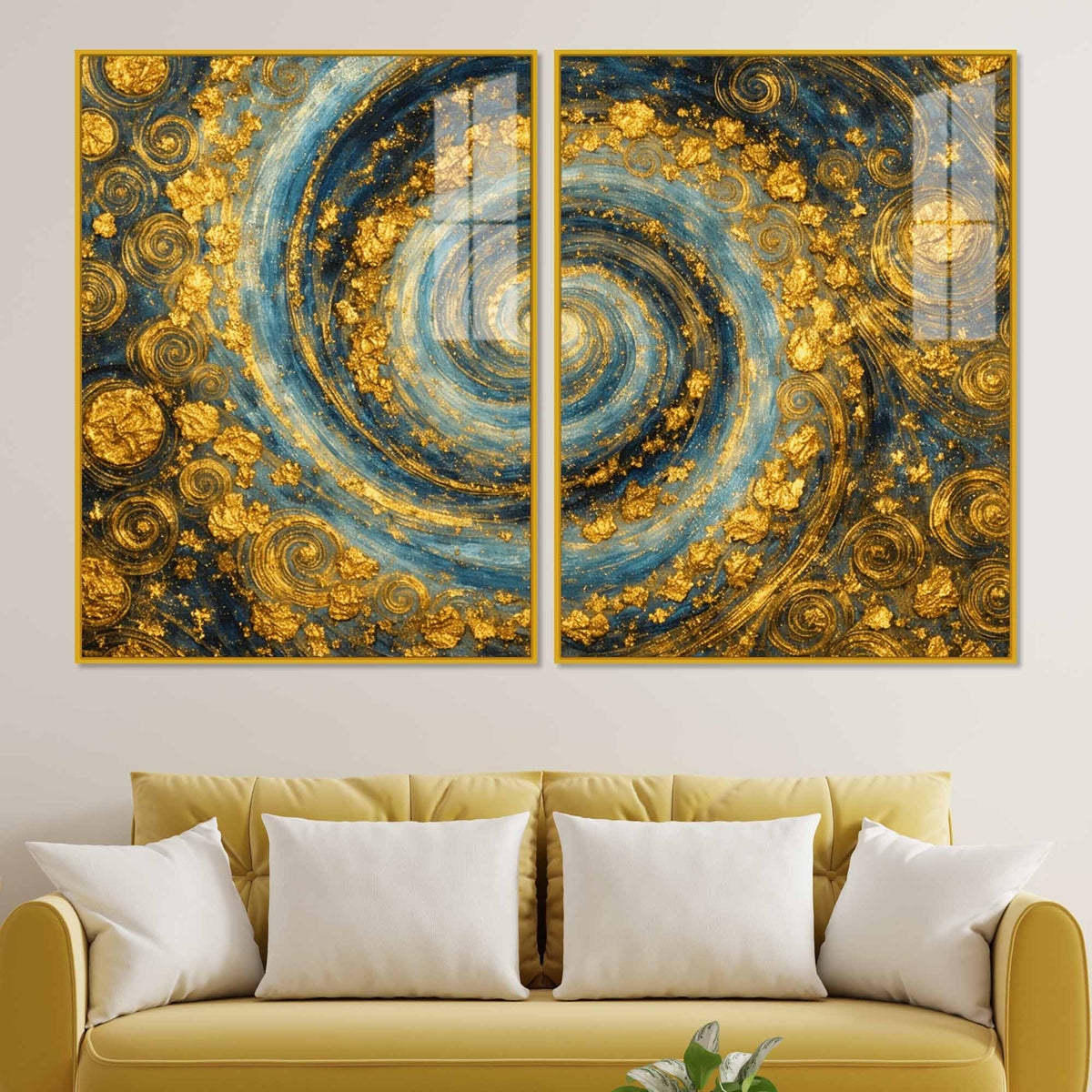 Gorgeous Golden Cosmic Spiral Acrylic Floating Wall Painting Set of 2