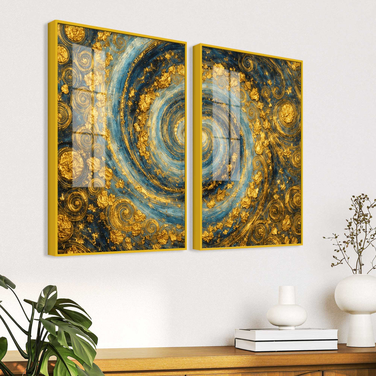 Gorgeous Golden Cosmic Spiral Acrylic Floating Wall Painting Set of 2