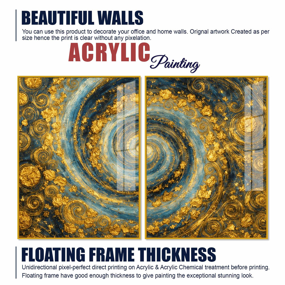 Gorgeous Golden Cosmic Spiral Acrylic Floating Wall Painting Set of 2