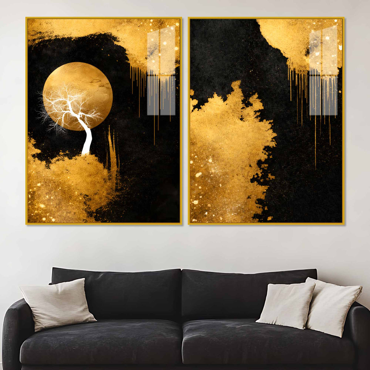 Gorgeous Golden Moon Tree Abstract Acrylic Floating Wall Painting Set of 2