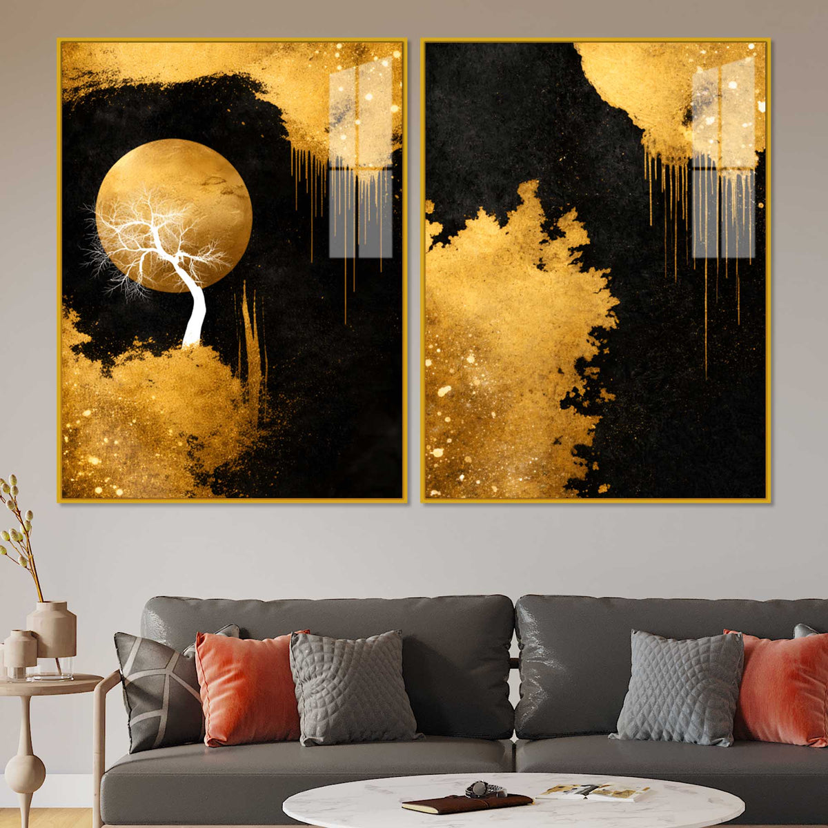 Gorgeous Golden Moon Tree Abstract Acrylic Floating Wall Painting Set of 2