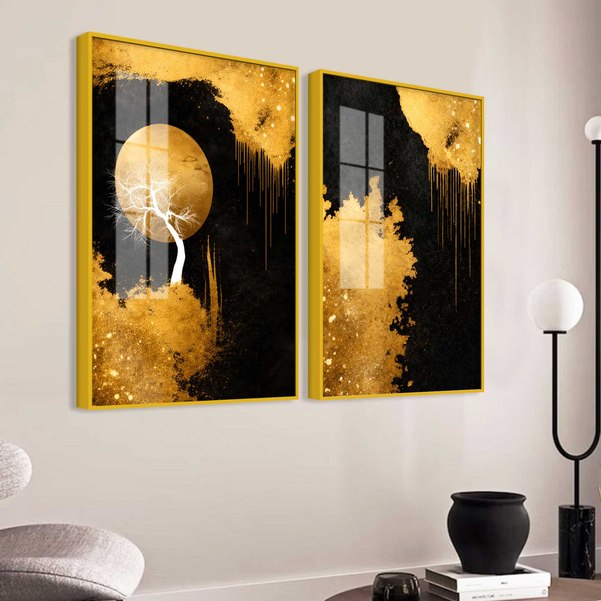 Gorgeous Golden Moon Tree Abstract Acrylic Floating Wall Painting Set of 2