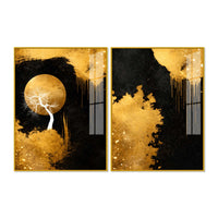Gorgeous Golden Moon Tree Abstract Acrylic Floating Wall Painting Set of 2