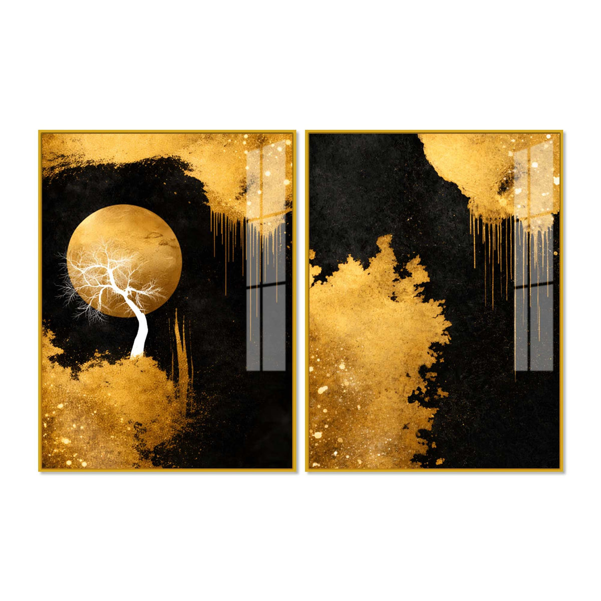 Gorgeous Golden Moon Tree Abstract Acrylic Floating Wall Painting Set of 2