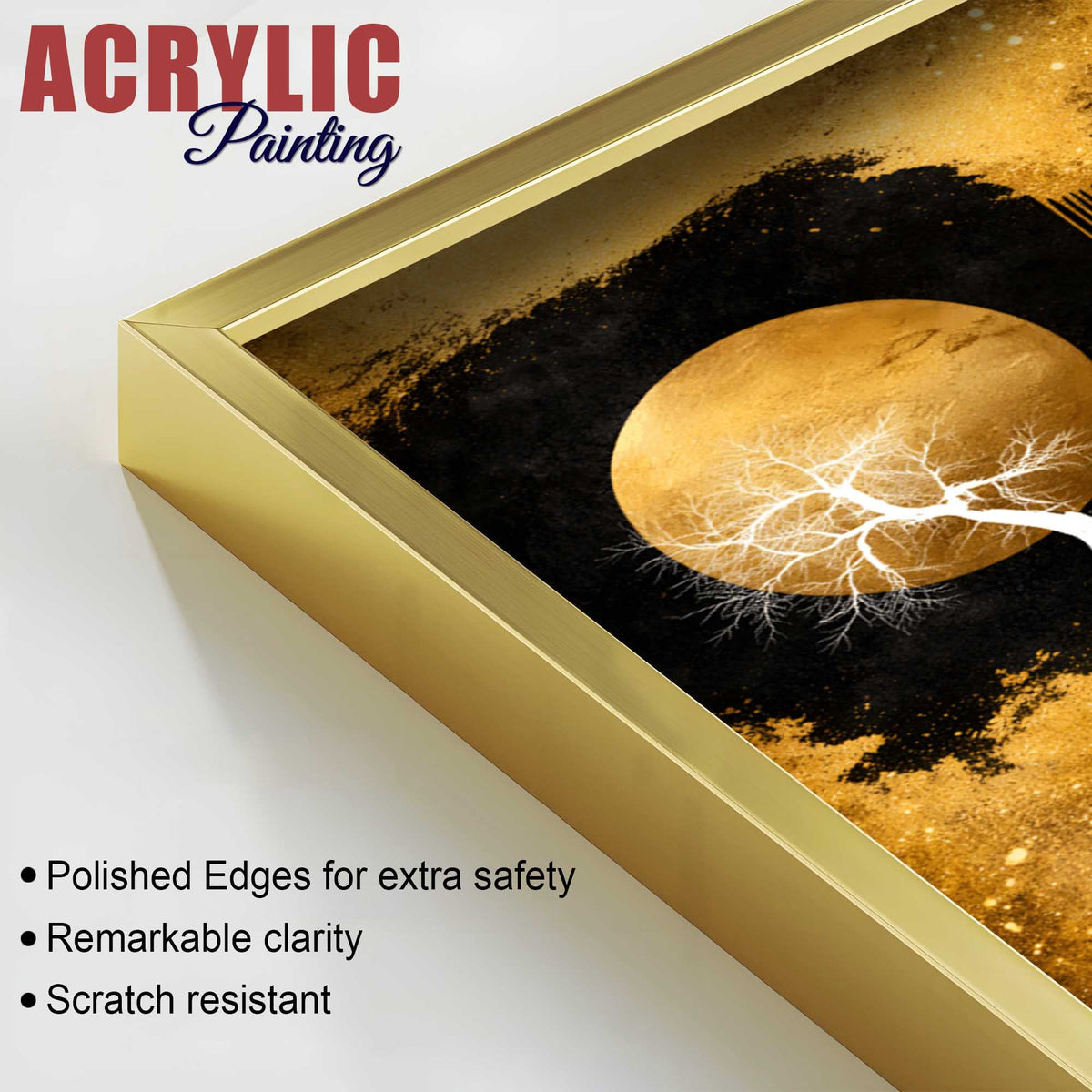 Gorgeous Golden Moon Tree Abstract Acrylic Floating Wall Painting Set of 2