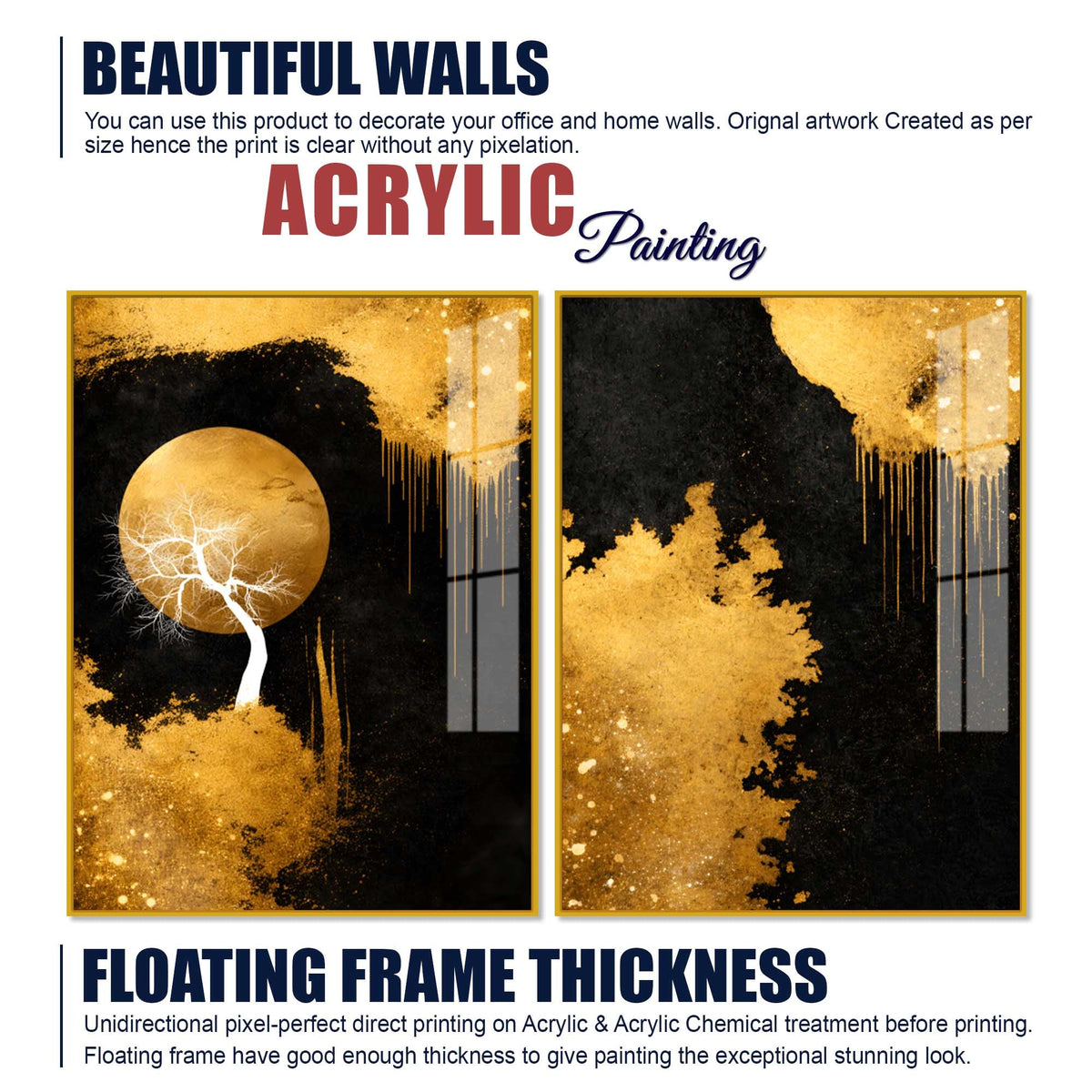 Gorgeous Golden Moon Tree Abstract Acrylic Floating Wall Painting Set of 2