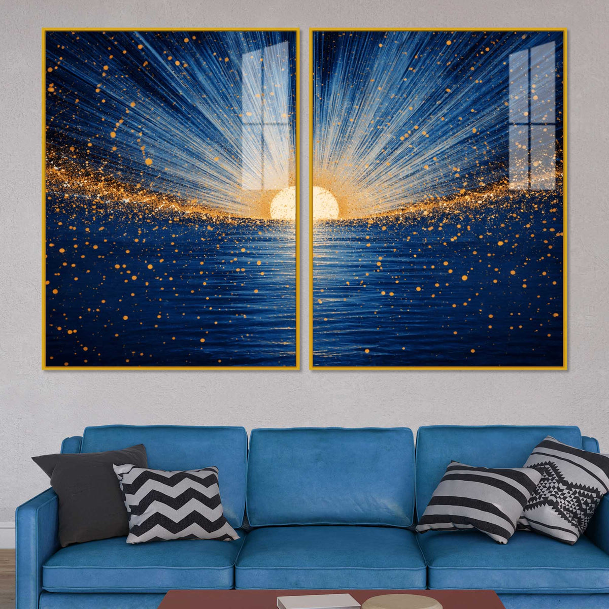 Gorgeous Golden Sunrise Over Ocean Acrylic Floating Wall Painting Set of 2