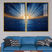 Gorgeous Golden Sunrise Over Ocean Acrylic Floating Wall Painting Set of 2