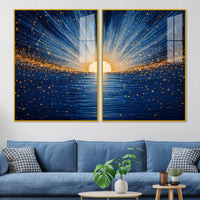 Gorgeous Golden Sunrise Over Ocean Acrylic Floating Wall Painting Set of 2