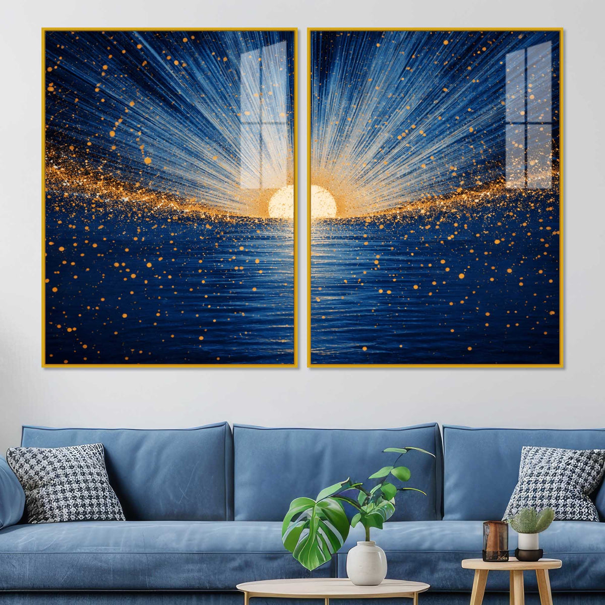 Gorgeous Golden Sunrise Over Ocean Acrylic Floating Wall Painting Set of 2