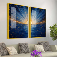 Gorgeous Golden Sunrise Over Ocean Acrylic Floating Wall Painting Set of 2