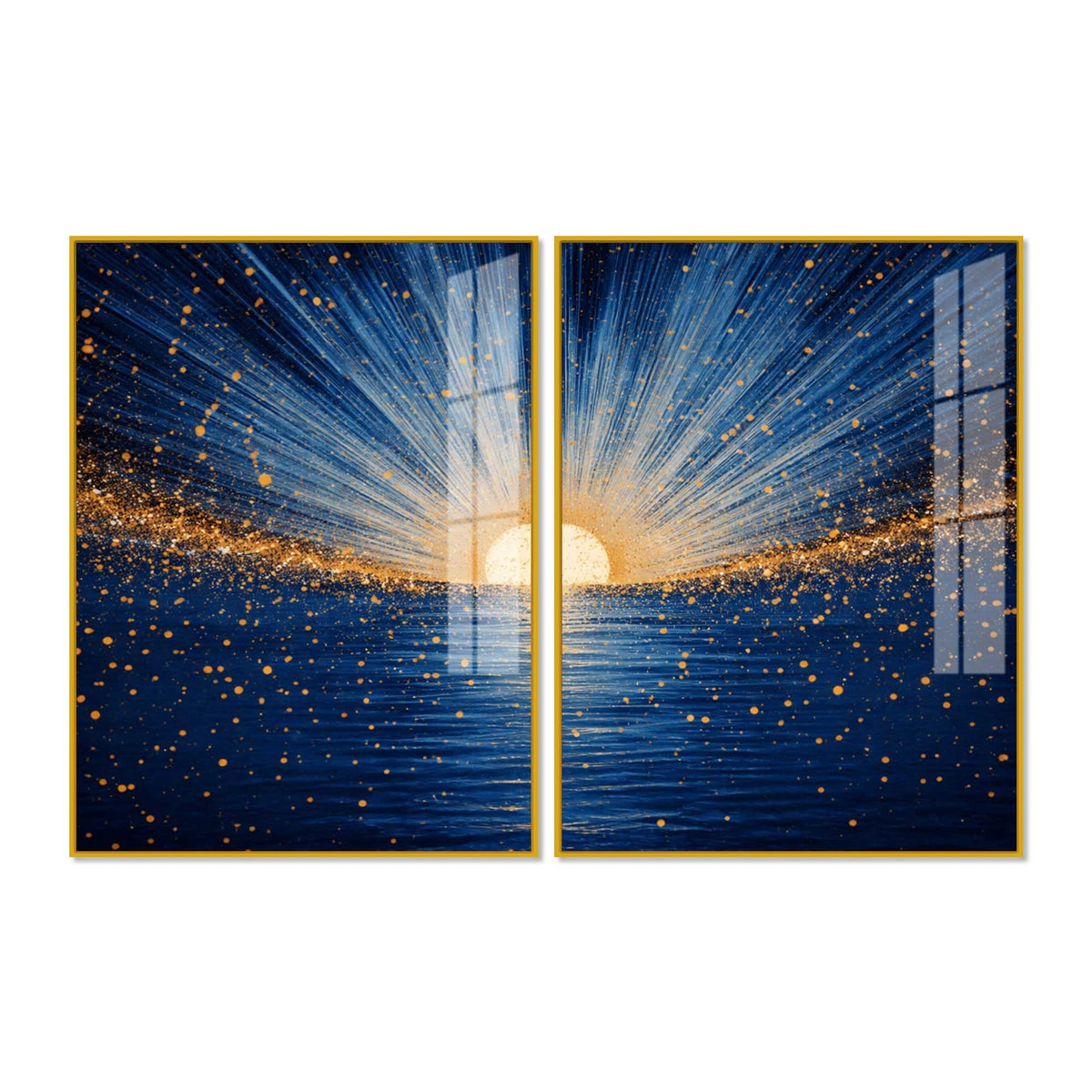 Gorgeous Golden Sunrise Over Ocean Acrylic Floating Wall Painting Set of 2