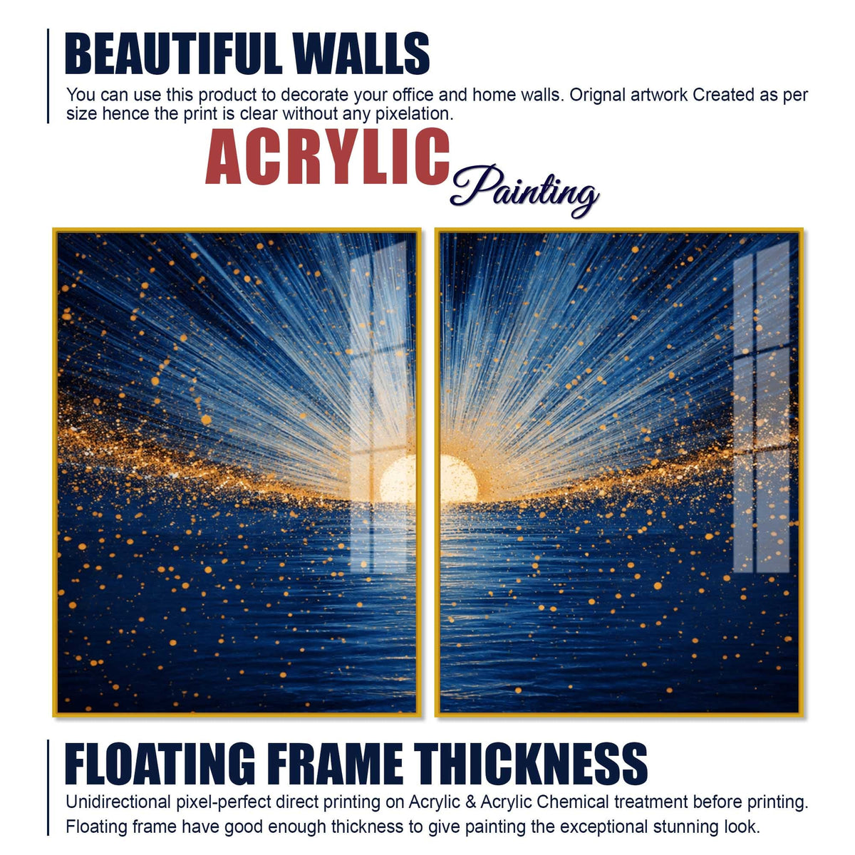 Gorgeous Golden Sunrise Over Ocean Acrylic Floating Wall Painting Set of 2