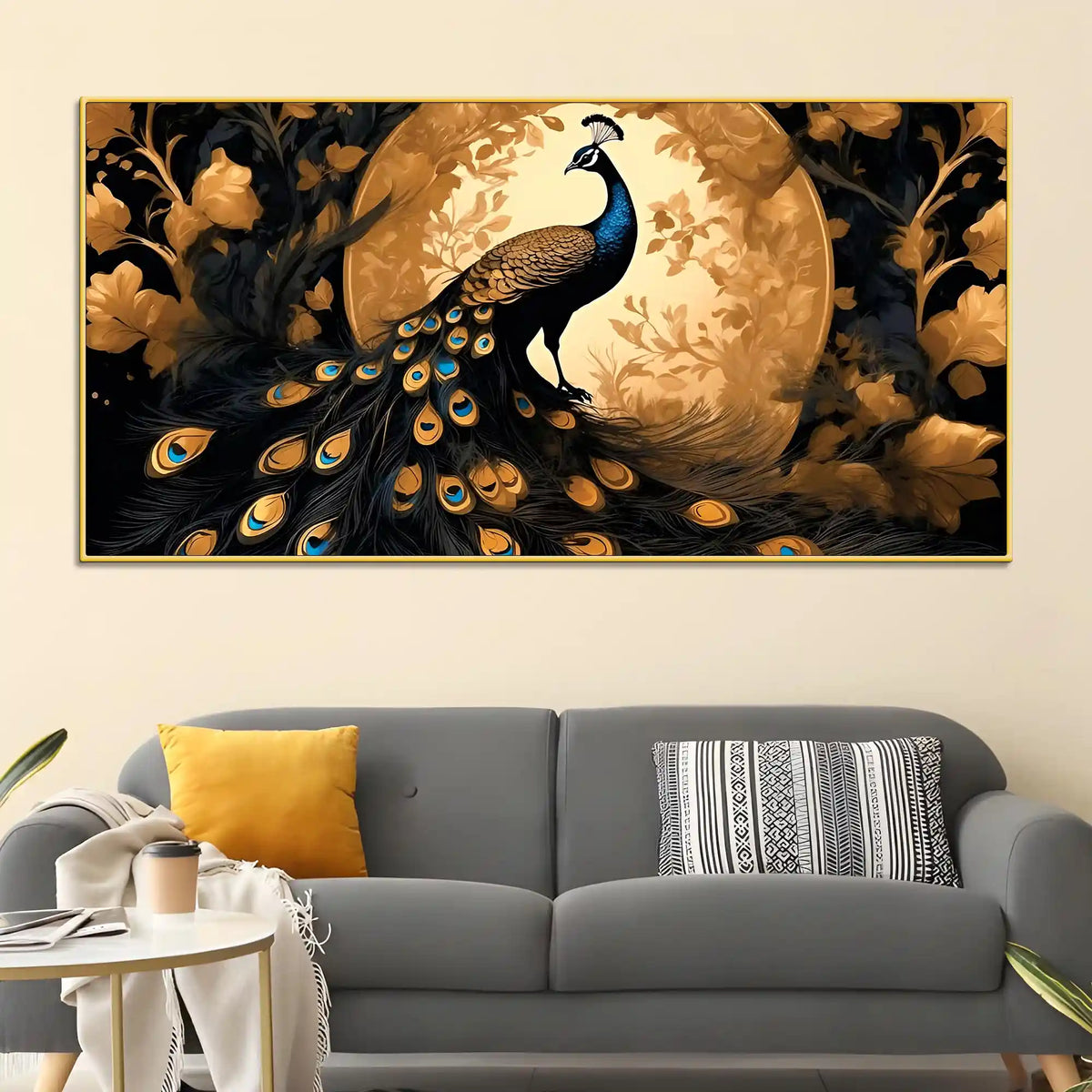 Gorgeous Peacock Under the Golden Moon Canvas Wall Painting