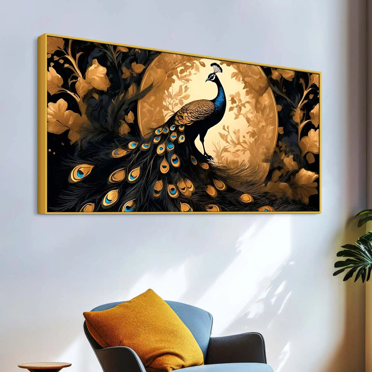 Gorgeous Peacock Under the Golden Moon Canvas Wall Painting