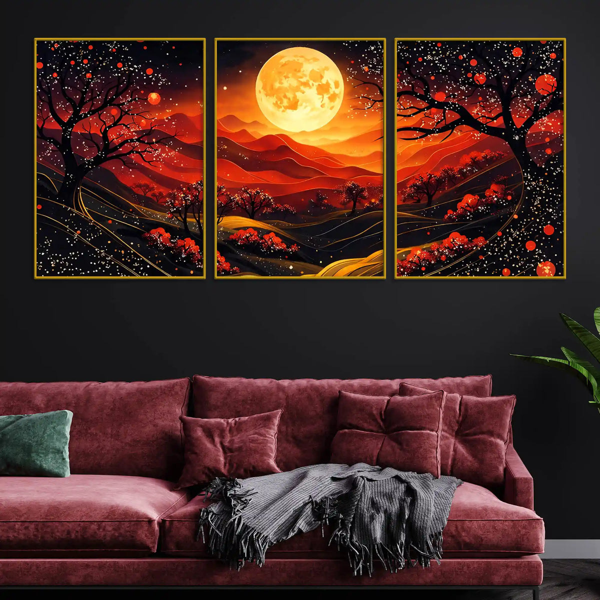 Gorgeous Red Black Night Landscape with Golden Moon Floating Frame Crystal Wall Painting Set of 3