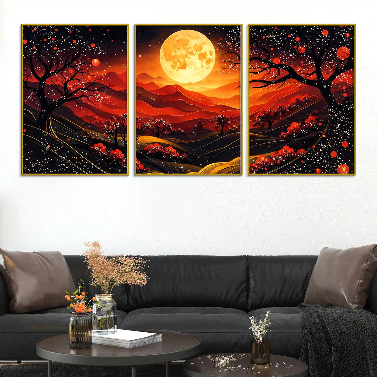 Gorgeous Red Black Night Landscape with Golden Moon Floating Frame Crystal Wall Painting Set of 3
