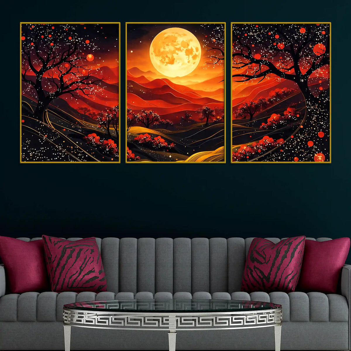 Gorgeous Red Black Night Landscape with Golden Moon Floating Frame Crystal Wall Painting Set of 3