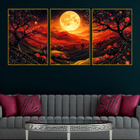 Gorgeous Red Black Night Landscape with Golden Moon Floating Frame Crystal Wall Painting Set of 3