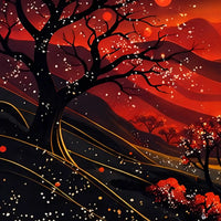 Gorgeous Red Black Night Landscape with Golden Moon Floating Frame Crystal Wall Painting Set of 3