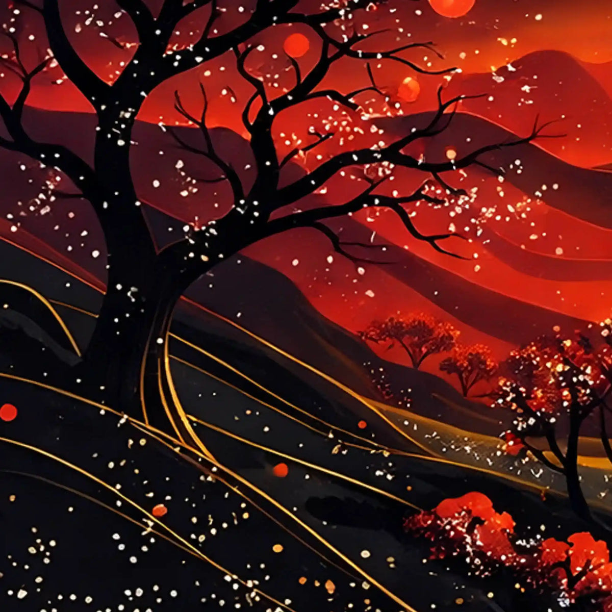 Gorgeous Red Black Night Landscape with Golden Moon Floating Frame Crystal Wall Painting Set of 3