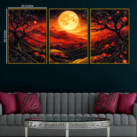 Gorgeous Red Black Night Landscape with Golden Moon Floating Frame Crystal Wall Painting Set of 3