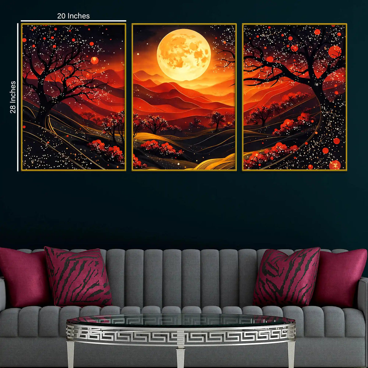 Gorgeous Red Black Night Landscape with Golden Moon Floating Frame Crystal Wall Painting Set of 3
