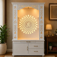 Gorgeous White Wooden Temple with OM LED Back Panel & Spacious Drawers Storage Cabinet for Home & Office