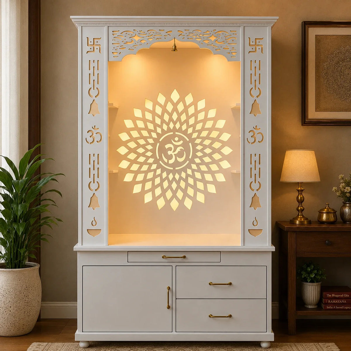 Gorgeous White Wooden Temple with OM LED Back Panel & Spacious Drawers Storage Cabinet for Home & Office