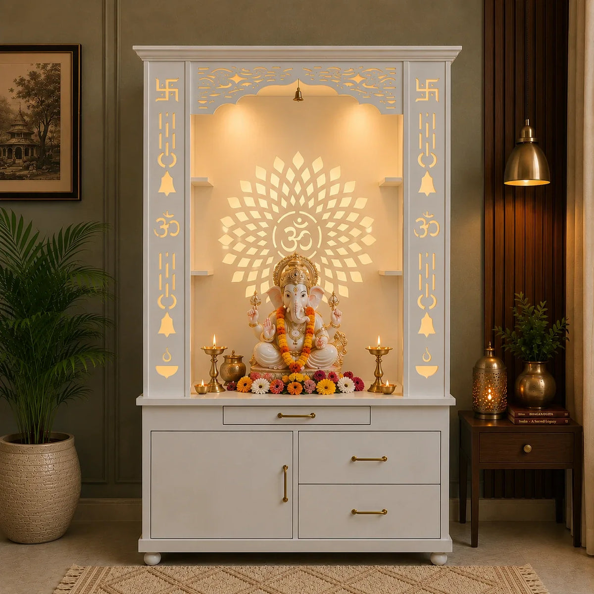 Gorgeous White Wooden Temple with OM LED Back Panel & Spacious Drawers Storage Cabinet for Home & Office