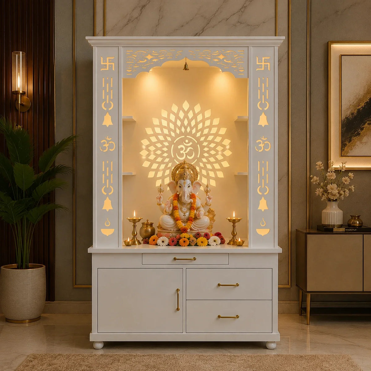Gorgeous White Wooden Temple with OM LED Back Panel & Spacious Drawers Storage Cabinet for Home & Office