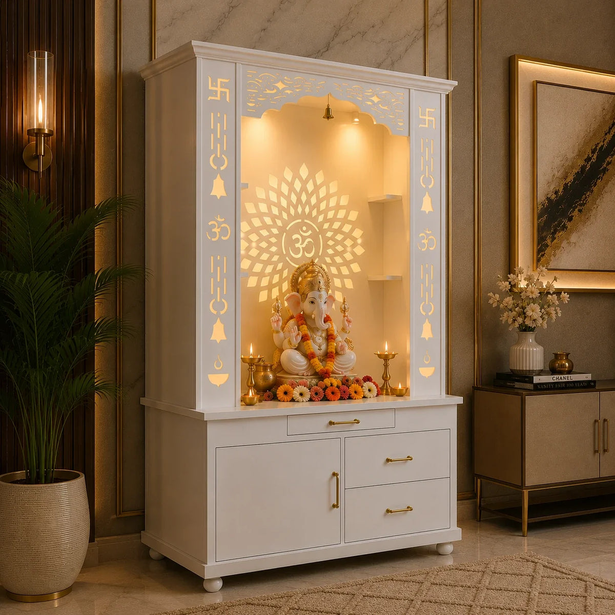 Gorgeous White Wooden Temple with OM LED Back Panel & Spacious Drawers Storage Cabinet for Home & Office