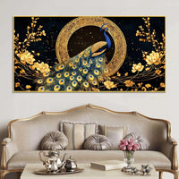 Graceful Elegant Peacock Sitting On Golden Floral Branch Canvas Wall Painting