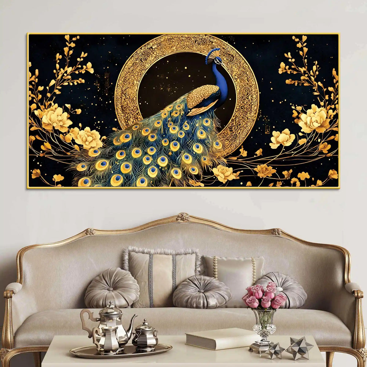 Graceful Elegant Peacock Sitting On Golden Floral Branch Canvas Wall Painting
