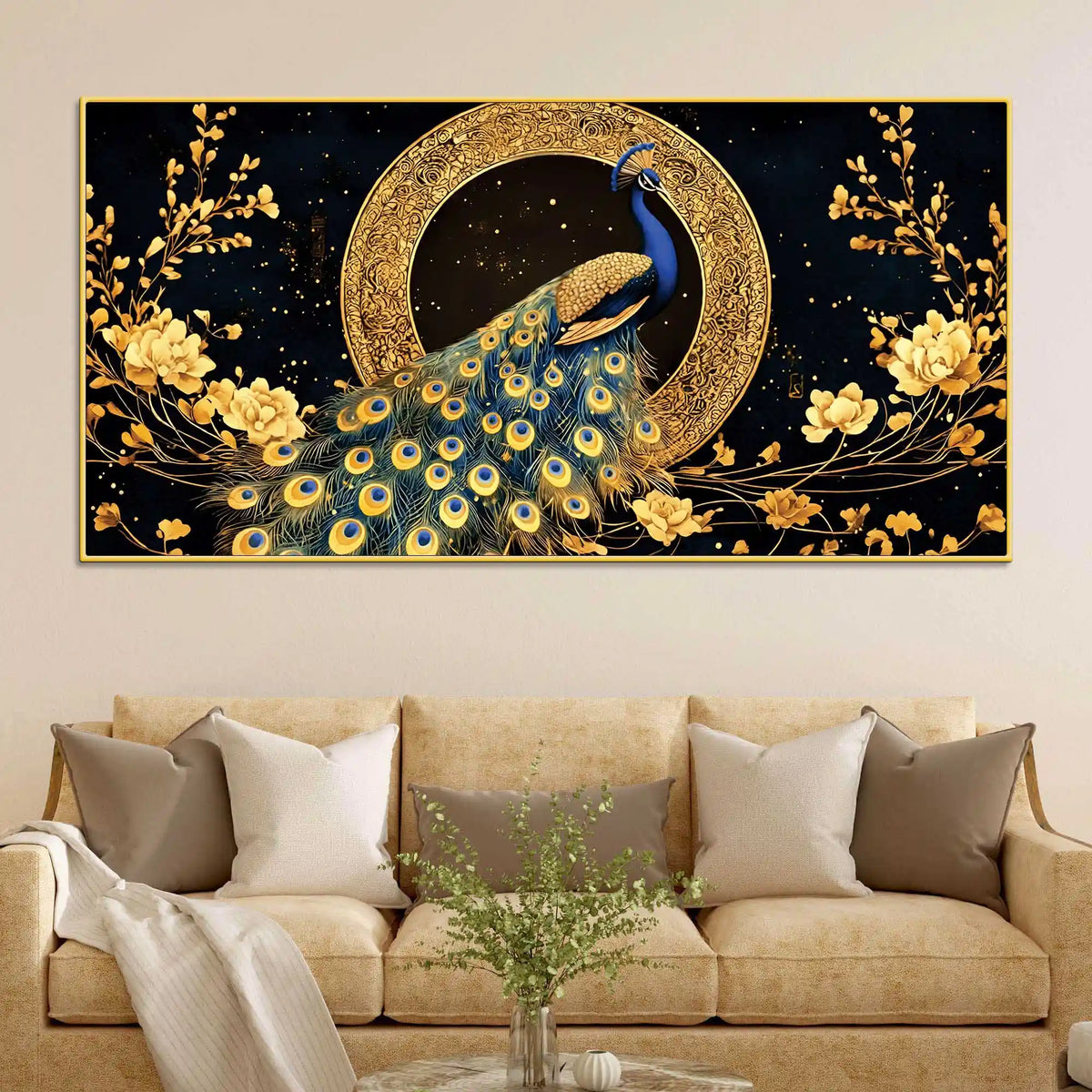 Graceful Elegant Peacock Sitting On Golden Floral Branch Canvas Wall Painting