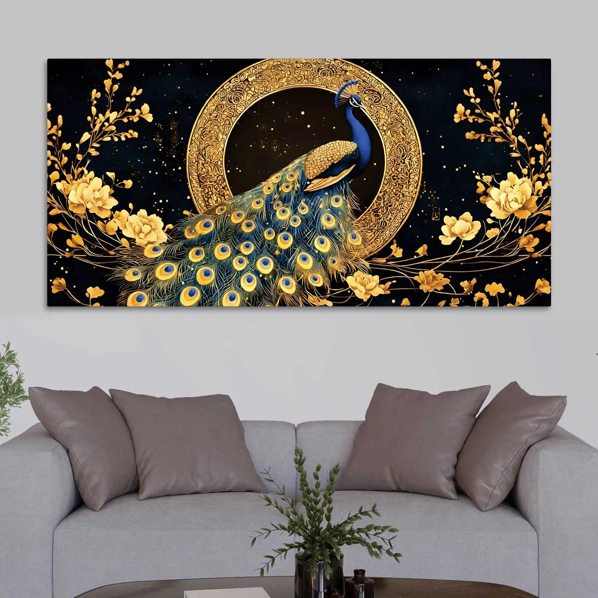 Graceful Elegant Peacock Sitting On Golden Floral Branch Canvas Wall Painting