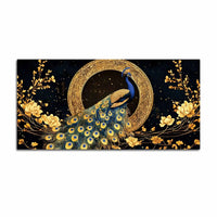 Graceful Elegant Peacock Sitting On Golden Floral Branch Canvas Wall Painting