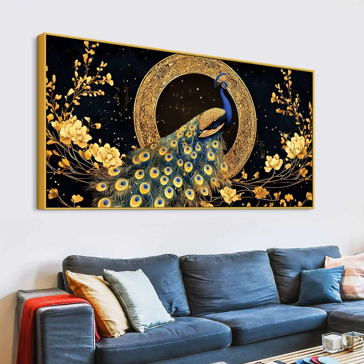 Graceful Elegant Peacock Sitting On Golden Floral Branch Canvas Wall Painting