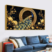 Graceful Elegant Peacock Sitting On Golden Floral Branch Canvas Wall Painting