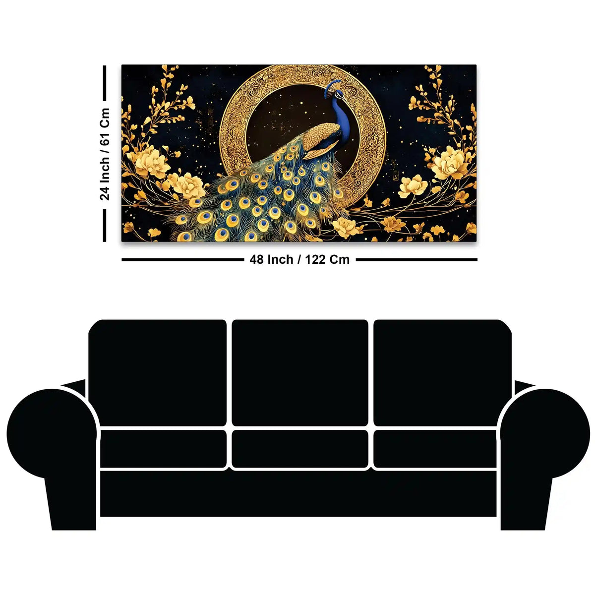 Graceful Elegant Peacock Sitting On Golden Floral Branch Canvas Wall Painting