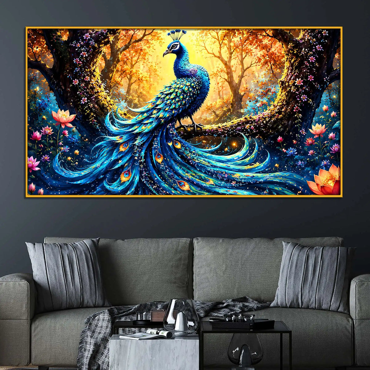 Graceful Peacock in Bloom Floating Frame Crystal Wall Art Painting