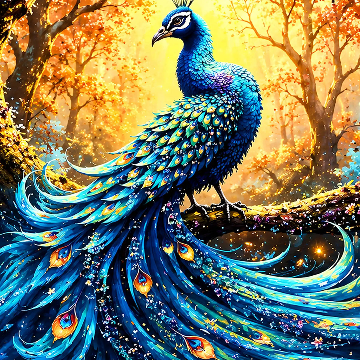 Graceful Peacock in Bloom Floating Frame Crystal Wall Art Painting