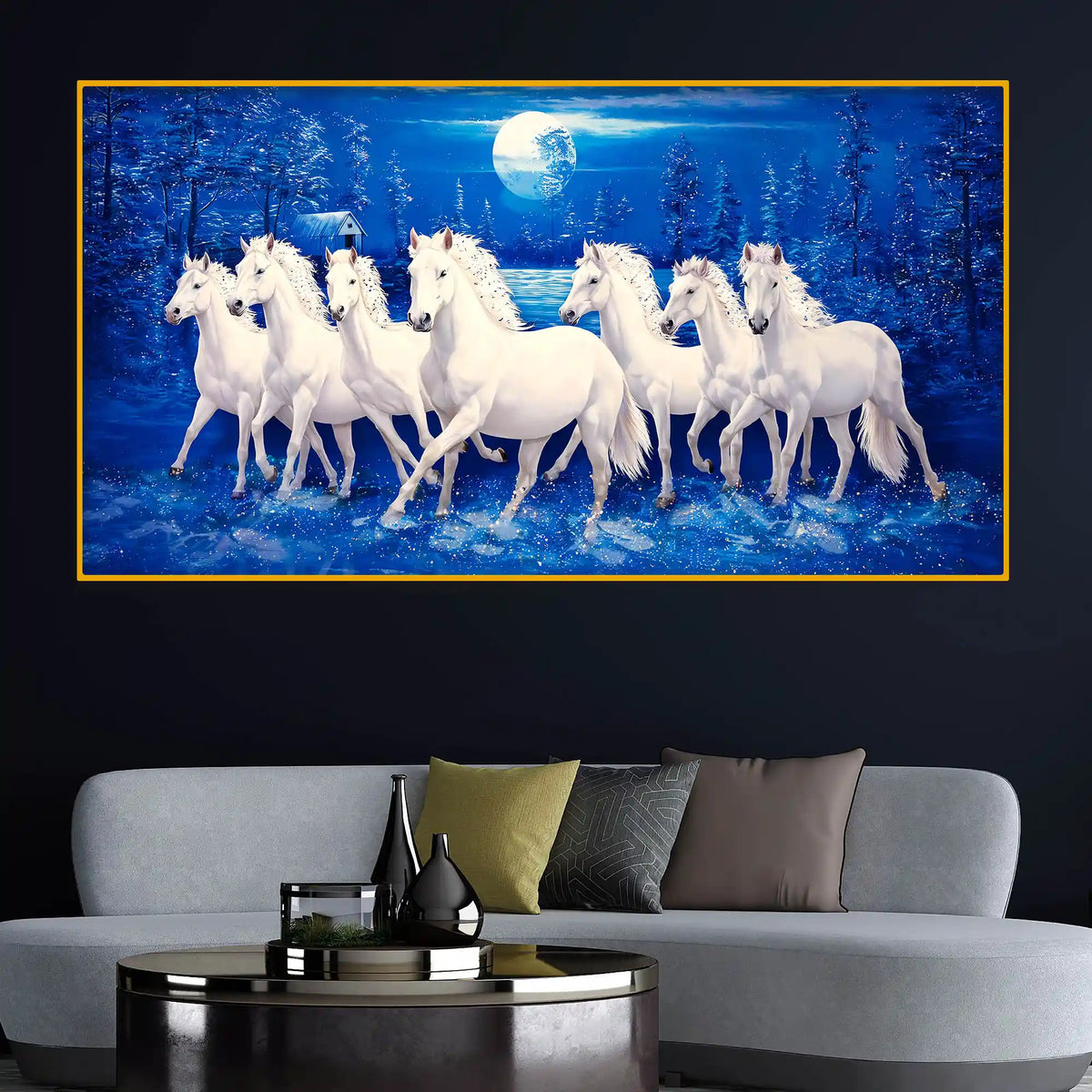 Grand White Horses Crystal Glass Wall Painting