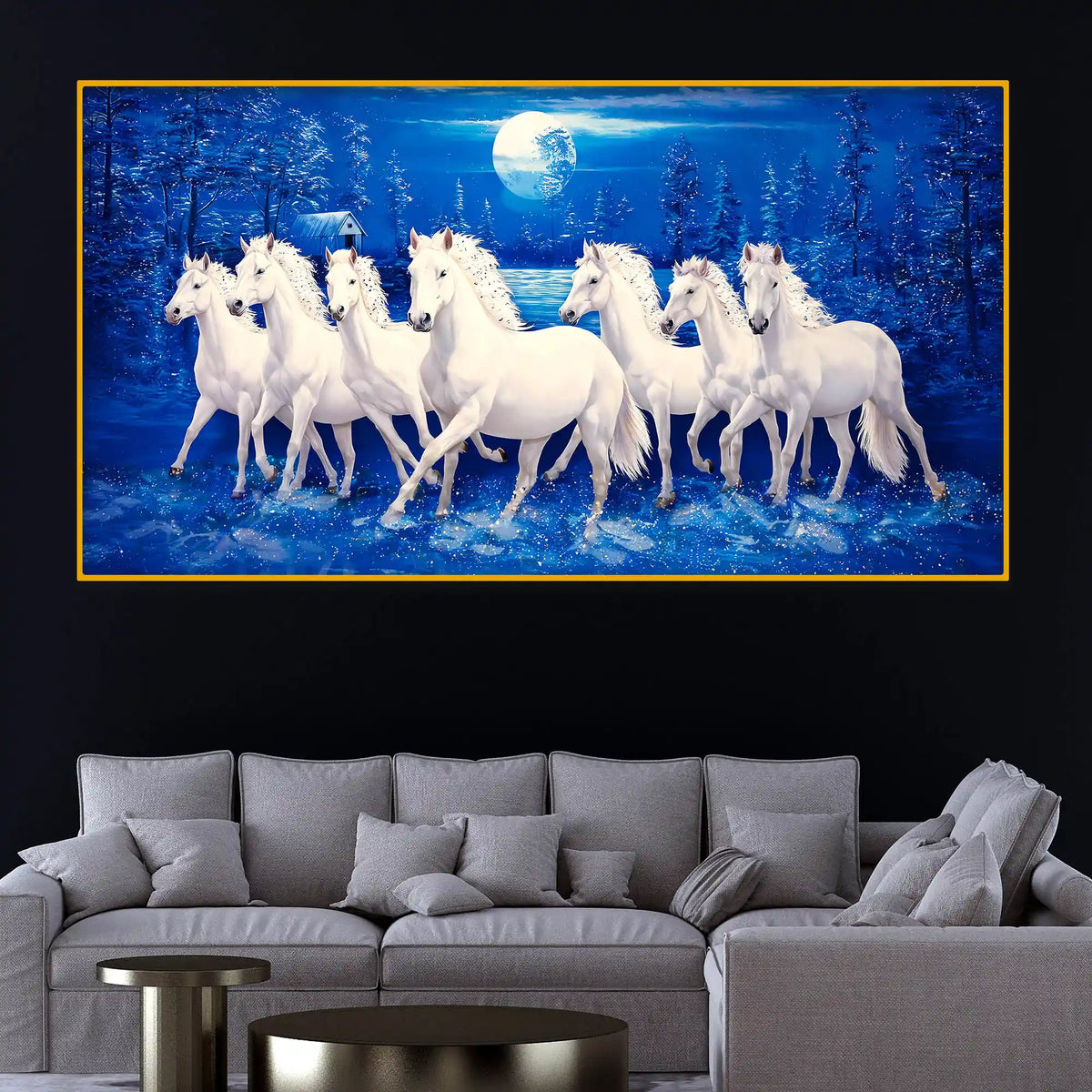 Grand White Horses Crystal Glass Wall Painting