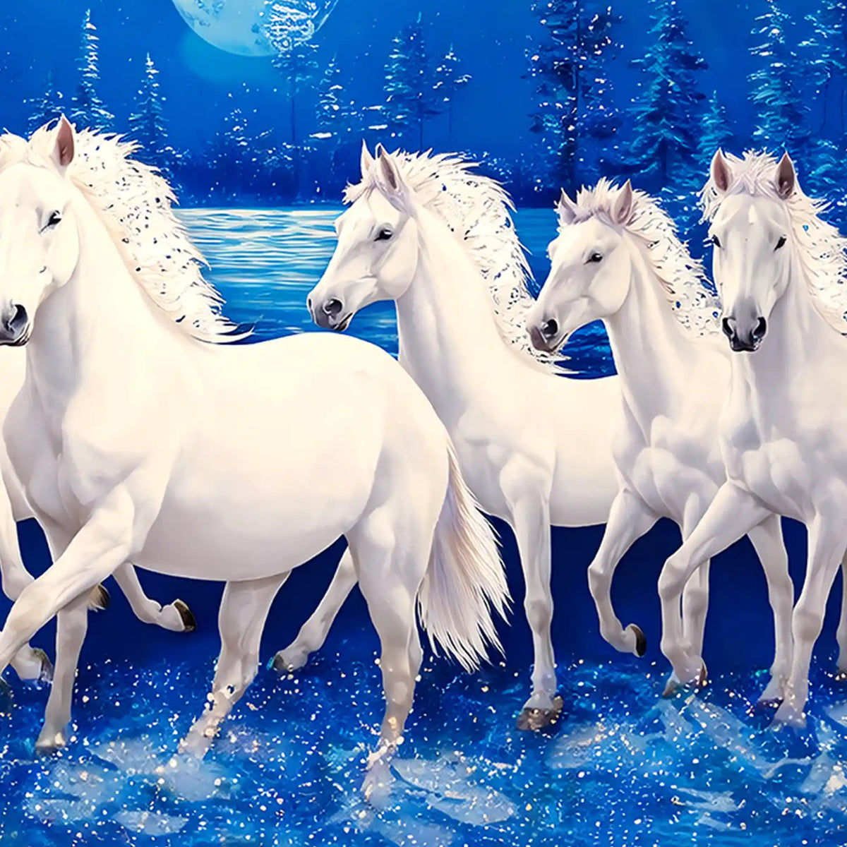 Grand White Horses Crystal Glass Wall Painting