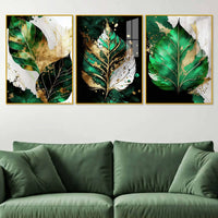 Green Leaf Floating Acrylic Wall Painting Set of 3